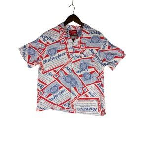 PacSun Budweiser Beer Label All Over Print Short Sleeve Button Up Shirt Mens S